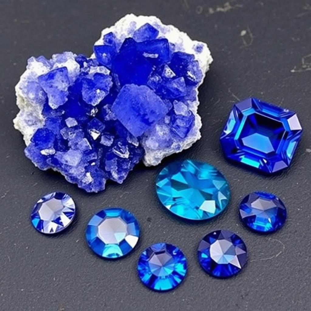 Raw tanzanite crystals next to cut and polished tanzanite gemstones